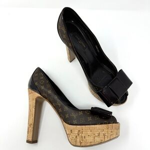 Louis Vuitton Brown Rivoli Cork LV Monogram Platform Peep Toe Pumps